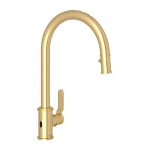 Armstrong Single Handle Pull Down Sprayer Kitchen Faucet with Secure Docking, Gooseneck in Satin English Gold