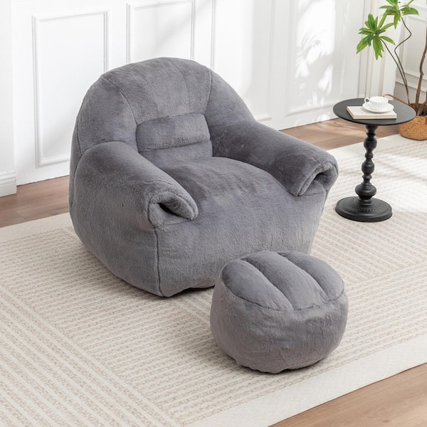 Dark Gray Faux Fur Bean Bag with Footstool, Foam Filler Floor Sofa Chair for Dorm, Apartment, Living Room