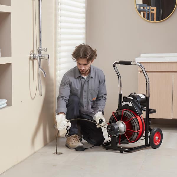 Drain Cleaner Machine 100 ft. x 3/8 in., Auto Feed Sewer Snake Auger on Wheels, 370 Watt Portable Drain Cleaning Machine