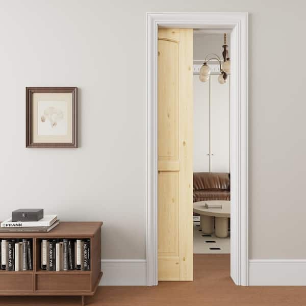24 in. x 80 in. Arch 2-Panel Unfinished Solid Core Pine Wood Door with Pocket Door Frame and Hardware (Soft Close Incl)