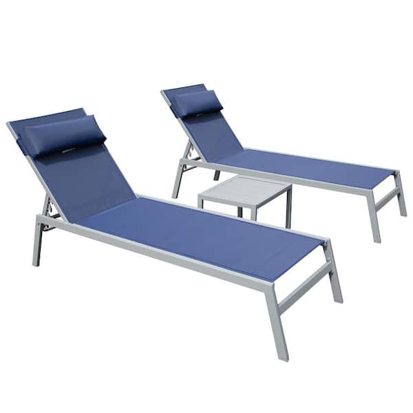 3-Piece Metal Outdoor Chaise Lounge, Navy Blue Adjustable Recliner Chairs with Gray Coffee Table