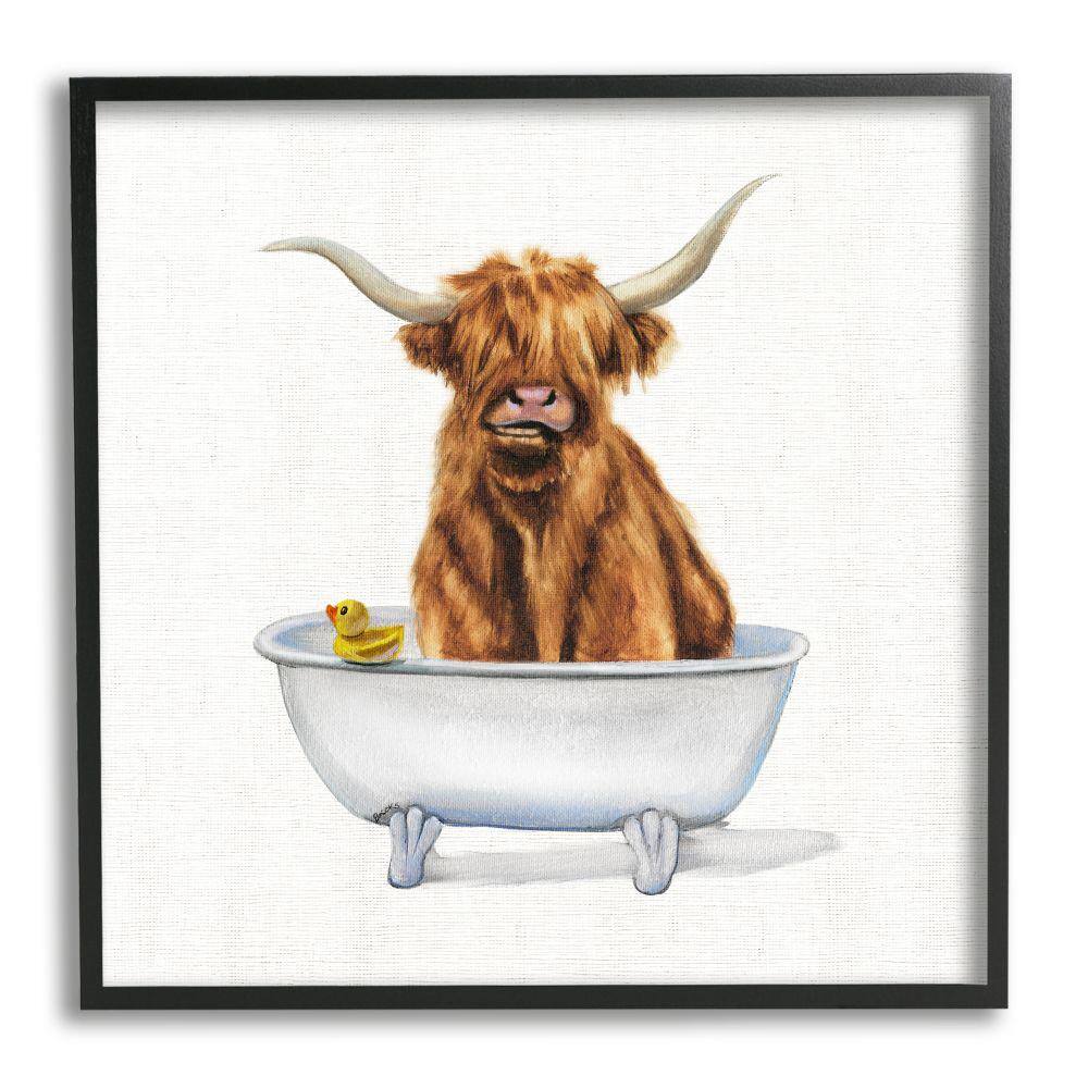 Shaggy Country Cattle in Bathtub with Rubber Duck Framed Canvas Art