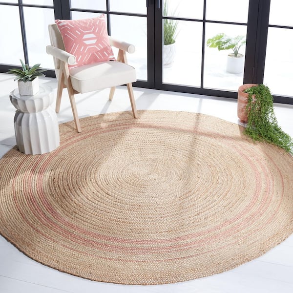 Natural Fiber 5 ft. x 5 ft. Pink Striped Round Area Rug