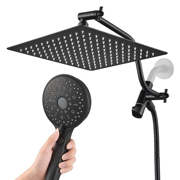 Rainfull 12-Spray 12 in. Wall Mount Dual Shower Head and Handheld Shower Head with S adjustable shower arm in Black