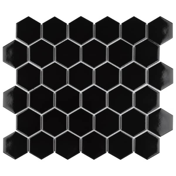 Merola Tile Metro 2 in. Hex Glossy Black 11-1/8 in. x 12-5/8 in. Porcelain Mosaic Tile (10.0 sq. ft./Case)
