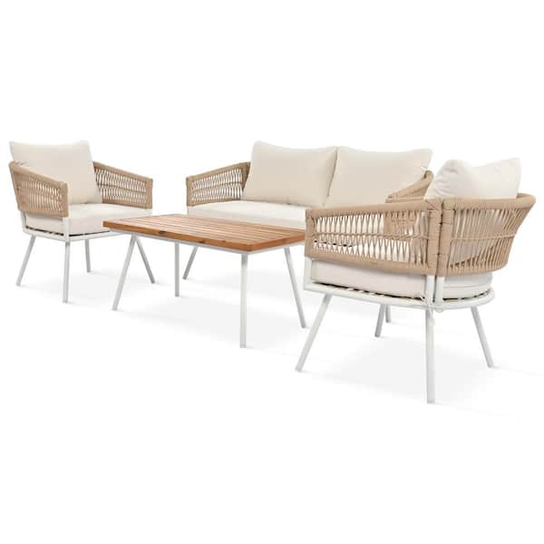 Cesicia Beige 4-Piece Wicker Patio Conversation Set with Beige Cushions and Wood Top Table