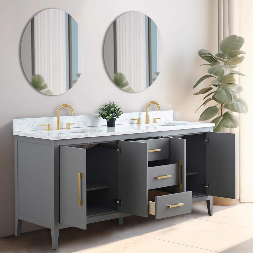 72'' Cashmere Gray Double Bathroom Vanity with Engineered Marble Top