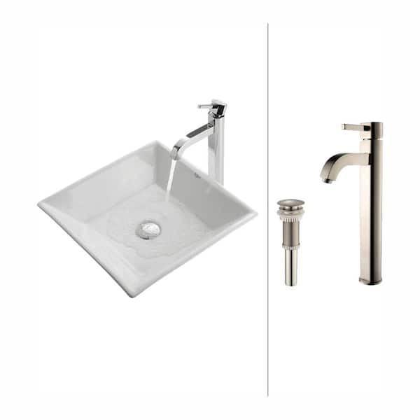 KRAUS Flat Square Ceramic Vessel Sink in White with Ramus Faucet in Satin Nickel