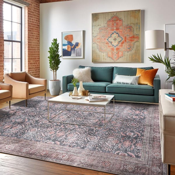 Vintage Inspired Machine Washable Non Slip Charcoal 6 ft. 6 in. x 9 ft. Area Rug
