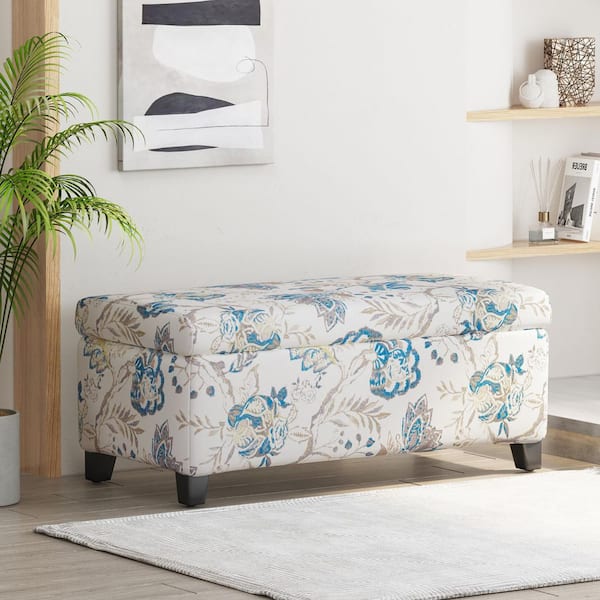 Ramona Multi Blue Floral Solid Wood Fabric Rectangle Storage Ottoman