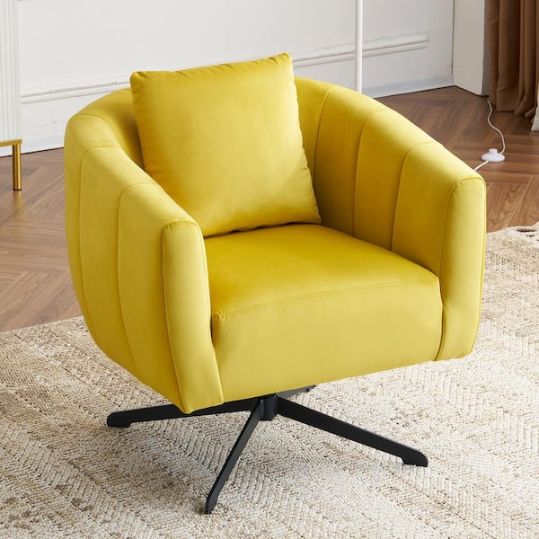 Winado Yellow Velvet Swivel Accent Chair with Pillow