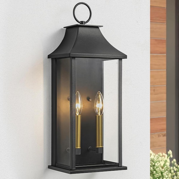 Montpelier 20.6 in. 2-Light Sand Grain Black Dusk to Dawn Outdoor Hardwired Wall Lantern Scone