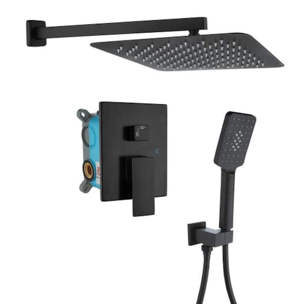 Lukvuzo 8 in. Anti Scald Wall Mount Shower System Set with Square Head Shower and Handheld Shower in Black