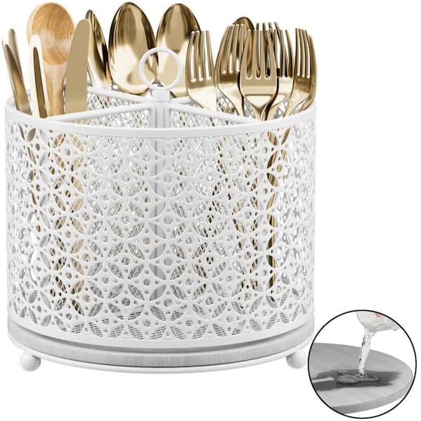 360° Rotating Utensil Holder Caddy with 4-Compartment and Handle for Kitchen Countertop, Party, Office, Picnic, White