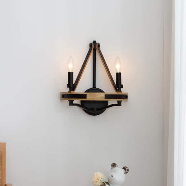 Savannah 13.5 in. 2-Light Natural Brown and Matte Black Wall Sconce, Rustic Farmhouse Style Wall Lamp