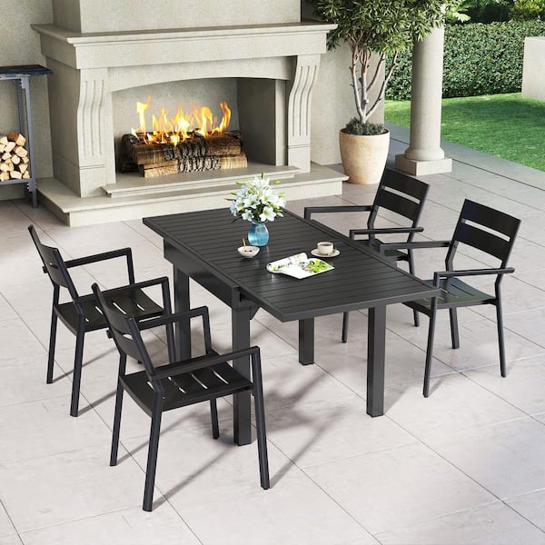 5-Piece Metal Aluminum Rectangular Outdoor Dining Set with Adjustable Expandable Table in Black