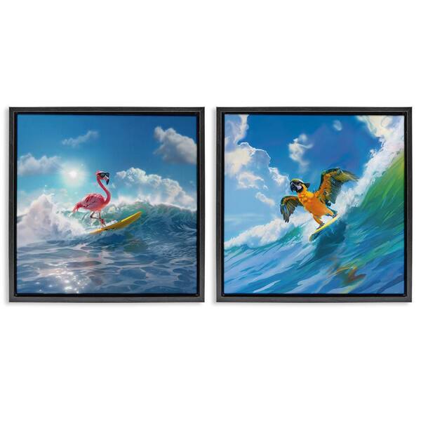 Stupell Industries Parrot and Flamingo Surf by Jim Baldwin 2-Pieces Black Floater Frame Coastal Graphic Art Print 18 in. x 18 in.