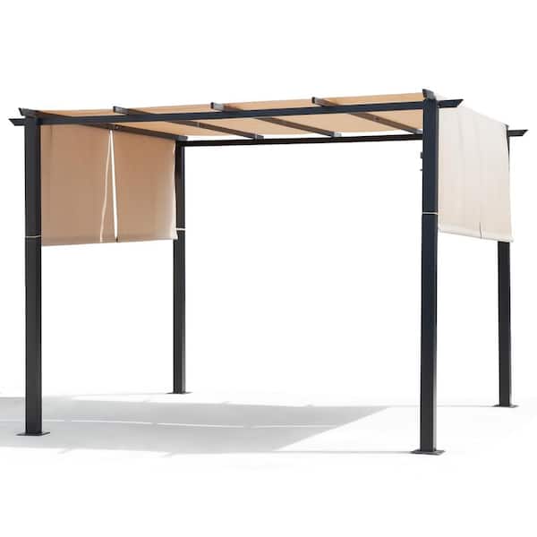 Sudzendf 10 ft. x 10 ft. Flat Beige Top Outdoor Pergola Canopy with Adjustable and Retractable Canopy