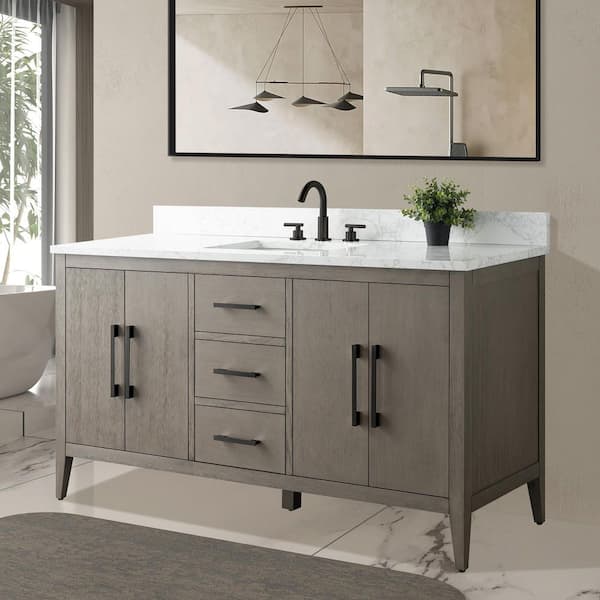 60 in. W x 22 in. D x 34 in. H Single-Sink Bath Vanity in Driftwood Gray with Engineered Marble Top in Arabescato White