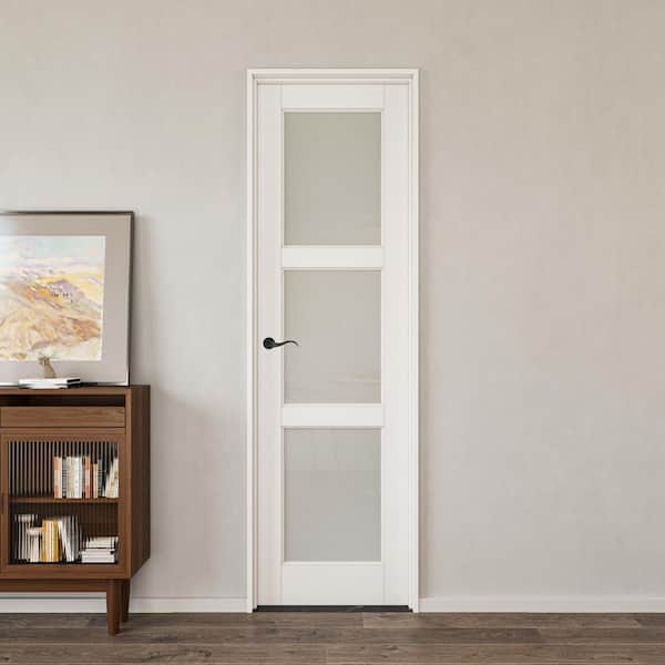 28 in. x 80 in. 3-Lite Frosted Glass Right White Solid Core Glass Single Prehung Interior Door with Quick Assemble Jamb