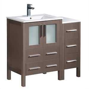 Torino 36 in. Bath Vanity in Gray Oak with Ceramic Vanity Top in White with White Basin and 1 Side Cabinet
