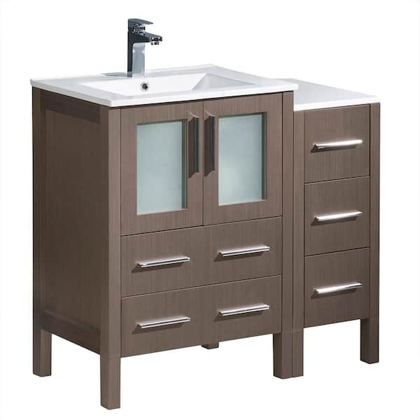 Fresca Torino 36 in. Bath Vanity in Gray Oak with Ceramic Vanity Top in White with White Basin and 1 Side Cabinet