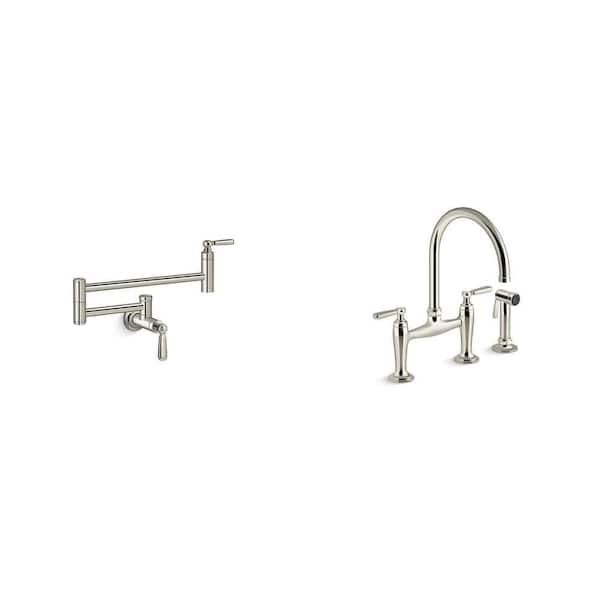 Edalyn By Studio McGee Pot Filler and 2-Handle Bridge Kitchen Faucet with Side Sprayer in Vibrant Polished Nickel Combo