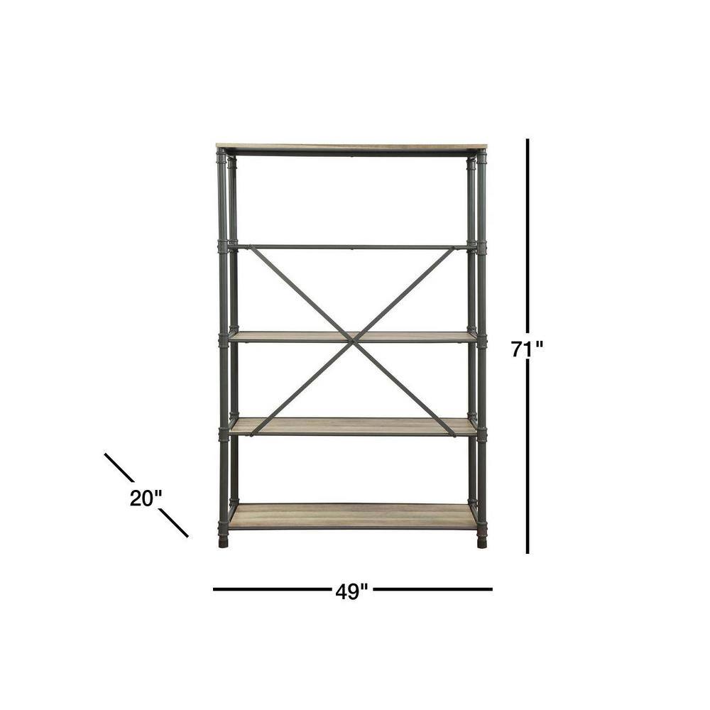 Itzel Antique Oak & Sandy Gray 4-Tier Bookshelf with Metal Frame