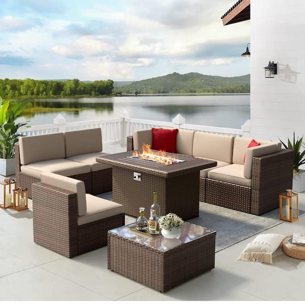 Sizzim Brown 8-Pcs Wicker Patio Fire Pit Sectional Seating Set with Beige Cushions, 44 in. Fire Pit Coffee Table and Cover