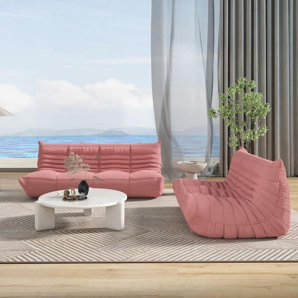 53.15 in. Teddy Armless Velvet Anti-Skip Modular Bean Bag 2 Seats Lazy Sofa Couch in Pink