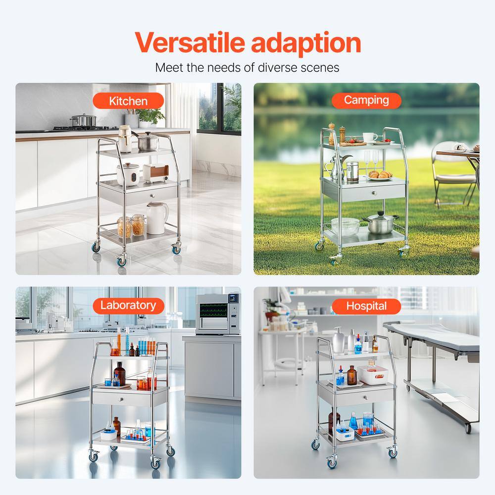 Silver Stainless Steel 3-Tier Mobile Lab Cart with Drawer