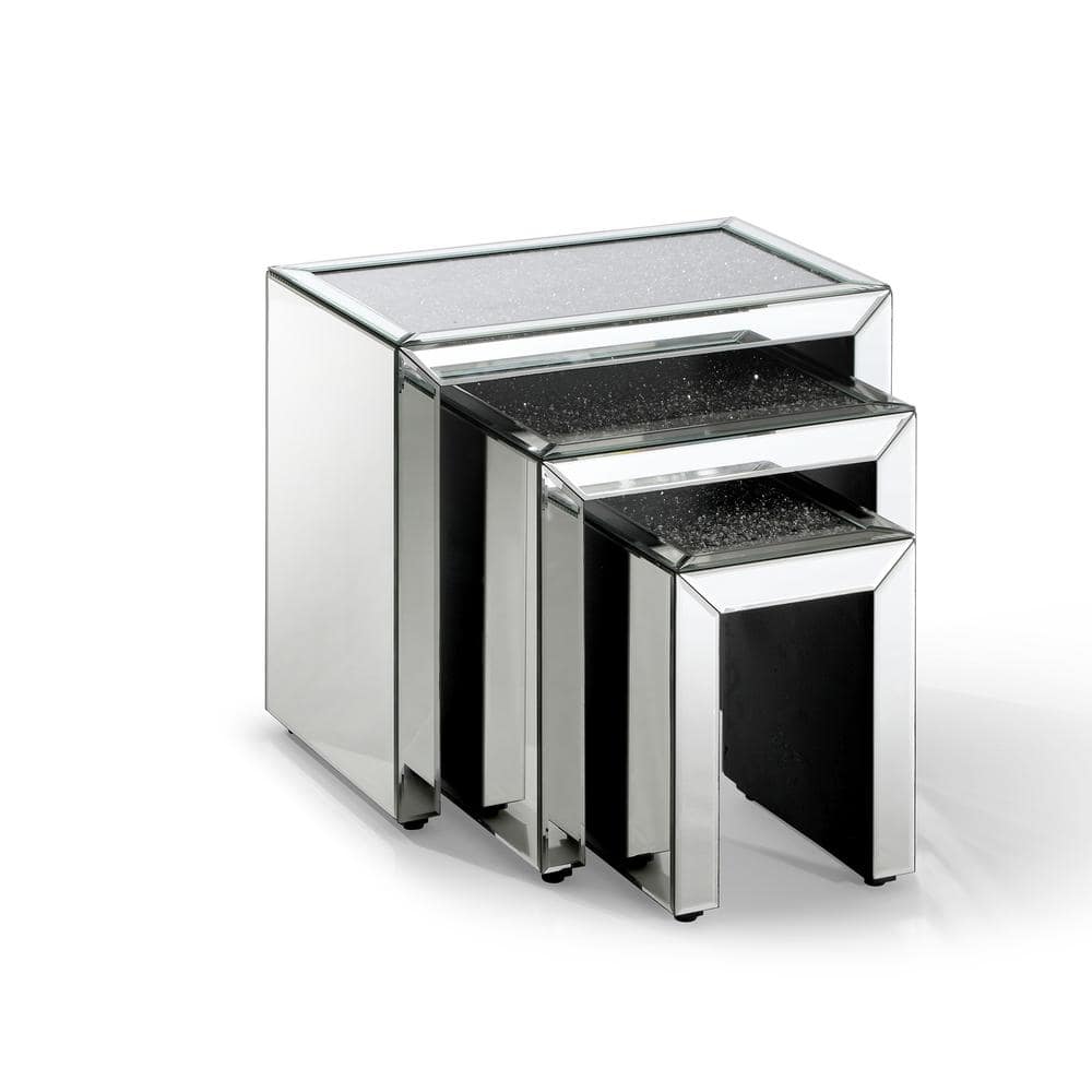 Decor 19.7 in. Silver Rectangle Glass Top Nesting End Table (3 Pieces)