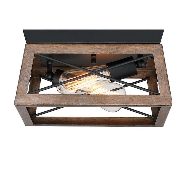 Avex 12 in. 2-Light Matte Black and Wood Bronze Accents Semi-Flush Mount with Cage Shade and No Bulbs Included
