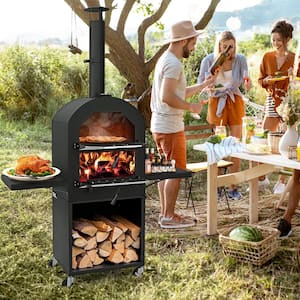 Wood Fired Outdoor Pizza Oven with Protective Cover 12 in. Pizza Stone in Black