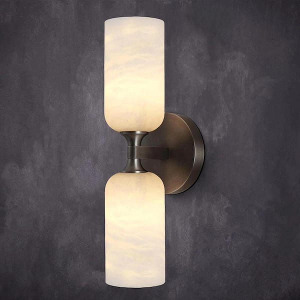 Gleam Flare 14in. 2-Light Black Modern Natural Alabaster Wall Sconce, Brass Bathroom Sconces for Living Room, Staircase, Hallway