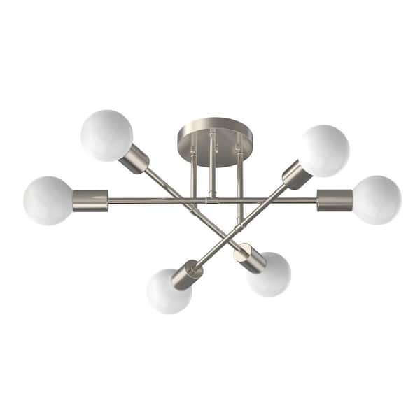 16 in. 6-Light Modern Nickel Linear Semi-Flush Mount Sputnik Ceiling Light Fixture for Dining Room, Kitchen, Bedroom