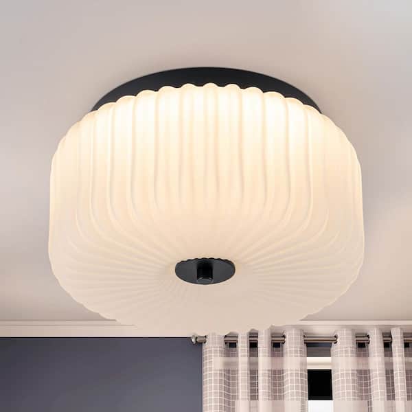 10.75 in. 20-Watt Modern Black Aluminum Integrated LED Flush Mount Ceiling Light with White Ribbed Glass Shade