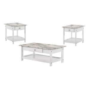 Dingo 3-Piece 41.75 in. White Rectangle Faux Marble Coffee Table Set with Drawers and Shelves