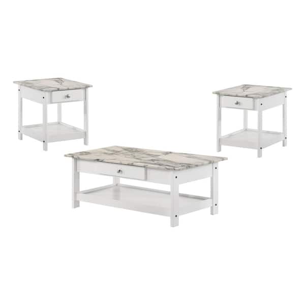 Furniture of America Dingo 3-Piece 41.75 in. White Rectangle Faux Marble Coffee Table Set with Drawers and Shelves