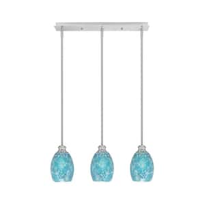 Albany 60-Watt 3-Light Brushed Nickel Linear Pendant Light with Turquoise Fusion Glass Shades and No Bulbs Included