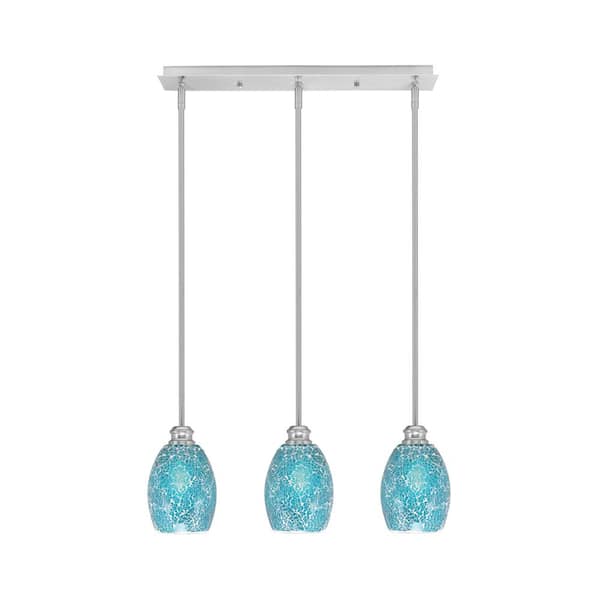 Unbranded Albany 60-Watt 3-Light Brushed Nickel Linear Pendant Light with Turquoise Fusion Glass Shades and No Bulbs Included