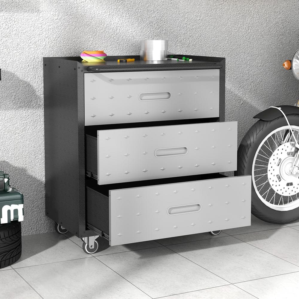 Black/Gray 35 in. H 3-Drawer Tool Cabinet for Garage with Wheels Mobile Met