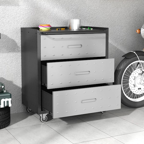 Black/Gray 35 in. H 3-Drawer Tool Cabinet for Garage with Wheels Mobile Metal Storage Cabinet Home Organizer Solutions