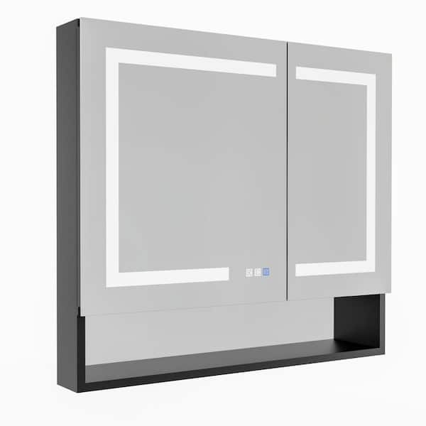 grossag 36 in. W x 32 in. H Rectangular Sliver Aluminum Recessed/Surface Mount Medicine Cabinet with Mirror and USB Outlet Clock