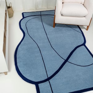 Light Blue/Navy 8 ft. x 10 ft. Mosaic Coastal Geometric Border Handwoven Wool Area Rug