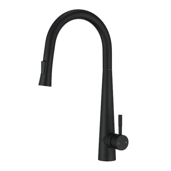 Mondawe Single Handle Surface Mount High Arc Pull Down Kitchen Faucet with Tulip Spray Wand Accessories in Matte Black