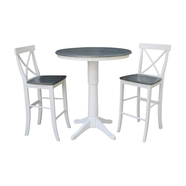 International Concepts Olivia 3-Piece 36 in. White/Heather Gray Round Solid Wood Bar Height Dining Set with X-Back Stools