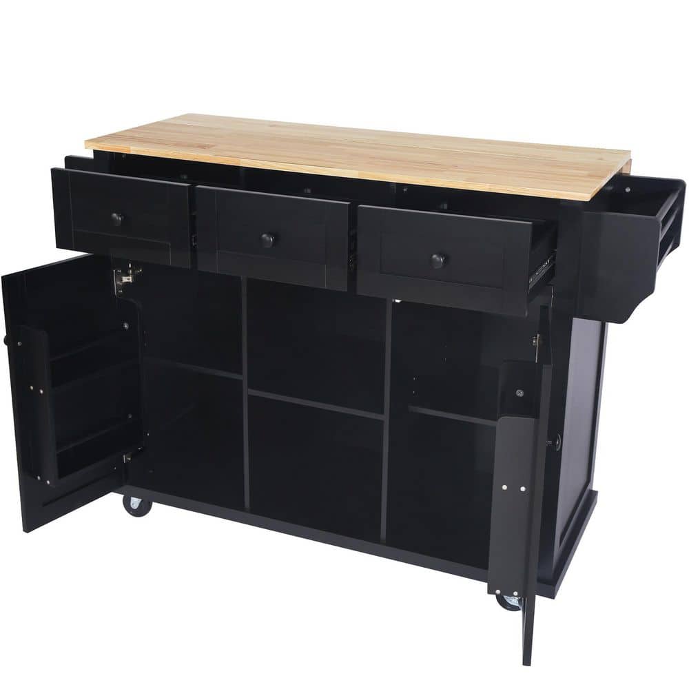 Black Wooden Rolling Kitchen Cart with Storage Cabinet and 3 Drawers