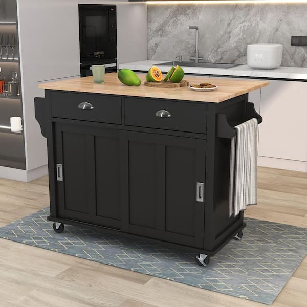 Polibi Black Kitchen Cart with Wood Drop-Leaf Countertop, Concealed Sliding Barn Door, Cabinet and 2-Drawers