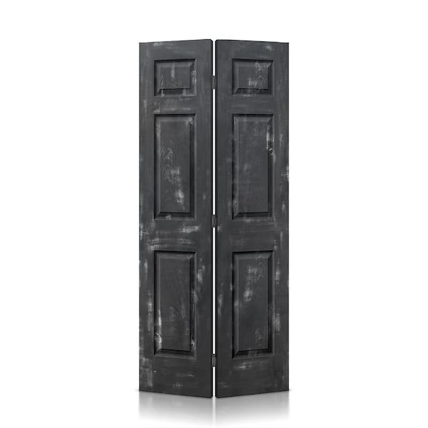 CALHOME 30 in. x 80 in. Vintage Black Stain 6 Panel MDF Composite Bi-Fold Closet Door with Hardware Kit